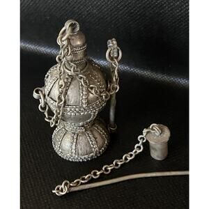 Antique Silver Kohl Flask Pot Yemeni Bottle W/ Needle Dabber -Eyeliner, Perfume
